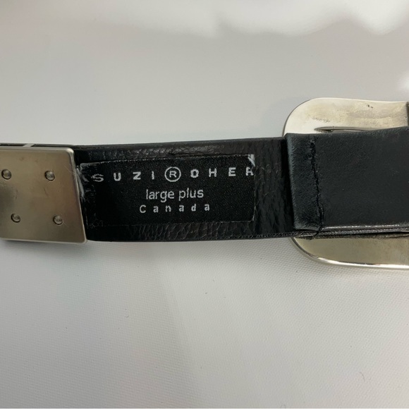 Suzi Roher Canada Black Leather Belt w/Silver Rectangle Hardware w/Silver Buckle - Picture 2 of 14